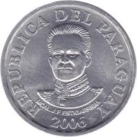 Paraguay coin 50 Guaraníes (2006 - 2012) obverse obverse of 50 Guaraníes (2006 - 2012) coin with KM# 191b from Paraguay. Inscription: REPUBLICA DEL PARAGUAY MCAL.J.F.ESTIGARRIBIA 2006