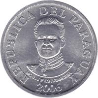 obverse of 50 Guaraníes (2006 - 2012) coin with KM# 191b from Paraguay. Inscription: REPUBLICA DEL PARAGUAY MCAL.J.F.ESTIGARRIBIA 2006