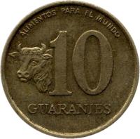 Paraguay coin 10 Guaraníes - FAO (1990) reverse reverse of 10 Guaraníes - FAO (1990) coin with KM# 178 from Paraguay. Inscription: ALIMENTOS PARA EL MUNDO 10 GUARANIES