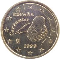 obverse of 10 Euro Cent - Juan Carlos I - 1'st Map; 1'st Type (1999 - 2006) coin with KM# 1043 from Spain. Inscription: Cervantes ESPAÑA 1999 M