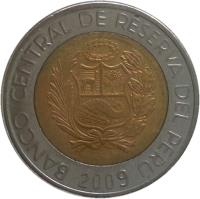 obverse of 5 Nuevo Soles - 1'st Type (1994 - 2009) coin with KM# 316 from Peru. Inscription: BANCO CENTRAL DE RESERVA DEL PERU 2002