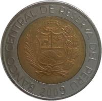 Peru coin 5 Nuevo Soles - 1'st Type (1994 - 2009) obverse obverse of 5 Nuevo Soles - 1'st Type (1994 - 2009) coin with KM# 316 from Peru. Inscription: BANCO CENTRAL DE RESERVA DEL PERU 2002