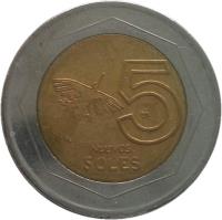 Peru coin 5 Nuevo Soles - 1'st Type (1994 - 2009) reverse reverse of 5 Nuevo Soles - 1'st Type (1994 - 2009) coin with KM# 316 from Peru. Inscription: 5 NUEVOS SOLES