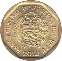 obverse of 20 Céntimos (1991 - 2015) coin with KM# 306 from Peru. Inscription: BANCO CENTRAL DE RESERVA DEL PERU 1996