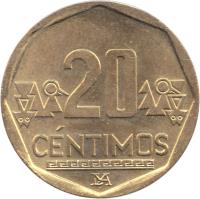 reverse of 20 Céntimos (1991 - 2015) coin with KM# 306 from Peru. Inscription: 20 CENTIMOS