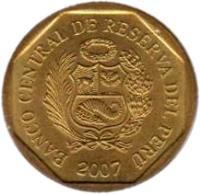 obverse of 5 Céntimos (1991 - 2007) coin with KM# 304 from Peru. Inscription: BANCO CENTRAL DE RESERVA DEL PERU 1996