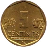 Peru coin 5 Céntimos (1991 - 2007) reverse reverse of 5 Céntimos (1991 - 2007) coin with KM# 304 from Peru. Inscription: 5 CENTIMOS