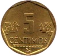 reverse of 5 Céntimos (1991 - 2007) coin with KM# 304 from Peru. Inscription: 5 CENTIMOS