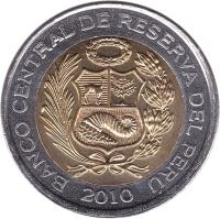 Peru coin 5 Nuevo Soles - 2'nd Type (2010 - 2015) obverse obverse of 5 Nuevo Soles - 2'nd Type (2010 - 2015) coin with KM# 344 from Peru. Inscription: BANCO CENTRAL DE RESERVA DEL PERU 2010