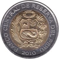 obverse of 5 Nuevo Soles - 2'nd Type (2010 - 2015) coin with KM# 344 from Peru. Inscription: BANCO CENTRAL DE RESERVA DEL PERU 2010