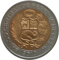 obverse of 2 Nuevo Soles - 2'nd Type (2010 - 2015) coin with KM# 343 from Peru. Inscription: BANCO CENTRAL DE RESERVA DEL PERU 2010