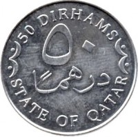 Qatar coin 50 Dirhams - Hamad bin Khalifa Al Thani - Non magnetic (2006) reverse reverse of 50 Dirhams - Hamad bin Khalifa Al Thani - Non magnetic (2006) coin with KM# 15 from Qatar. Inscription: 50 DIRHAMS ٥٠ درهما STATE OF QATAR