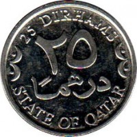 Qatar coin 25 Dirhams - Hamad bin Khalifa Al Thani - Non magnetic (2006 - 2008) reverse reverse of 25 Dirhams - Hamad bin Khalifa Al Thani - Non magnetic (2006 - 2008) coin with KM# 14 from Qatar. Inscription: 25 DIRHAMS ٢٥ STATE OF QATAR