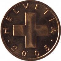 obverse of 1 Rappen (1948 - 2006) coin with KM# 46 from Switzerland. Inscription: HELVETIA · 2005 ·