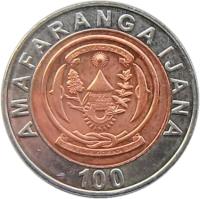 Rwanda coin 100 Francs (2007) obverse obverse of 100 Francs (2007) coin with KM# 32 from Rwanda. Inscription: AMAFARANGA IJANA 100
