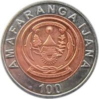 obverse of 100 Francs (2007) coin with KM# 32 from Rwanda. Inscription: AMAFARANGA IJANA 100