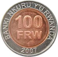 Rwanda coin 100 Francs (2007) reverse reverse of 100 Francs (2007) coin with KM# 32 from Rwanda. Inscription: BANKI NKURU Y'U RWANDA 100 FRW 2007