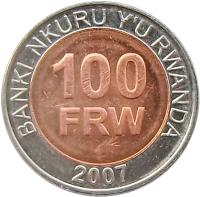 reverse of 100 Francs (2007) coin with KM# 32 from Rwanda. Inscription: BANKI NKURU Y'U RWANDA 100 FRW 2007