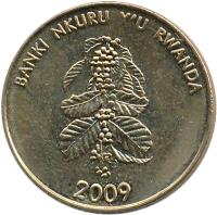 obverse of 5 Francs - Type 2 legend (2009) coin with KM# 33 from Rwanda. Inscription: BANKI NKURU Y'U RWANDA 2009