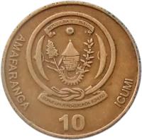 reverse of 10 Francs - Type 2 legend (2009) coin with KM# 34 from Rwanda. Inscription: AMAFARANGA 10 IGUMI