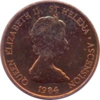 Saint Helena and Ascension coin 1 Penny - Elizabeth II - 2'nd Portrait (1984) obverse obverse of 1 Penny - Elizabeth II - 2'nd Portrait (1984) coin with KM# 1 from Saint Helena and Ascension. Inscription: QUEEN ELIZABETH II ST HELENA · ASCENSION 1984