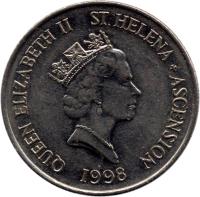 obverse of 10 Pence - Elizabeth II - Smaller; 3'rd Portrait (1998 - 2006) coin with KM# 23 from Saint Helena and Ascension. Inscription: QUEEN ELIZABETH II ST.HELENA + ASCENSION RDM 2003
