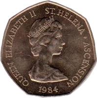 Saint Helena and Ascension coin 50 Pence - Elizabeth II - Larger; 2'nd Portrait (1984) obverse obverse of 50 Pence - Elizabeth II - Larger; 2'nd Portrait (1984) coin with KM# 5 from Saint Helena and Ascension. Inscription: QUEEN ELIZABETH II ST.HELENA · ASCENSION 1984
