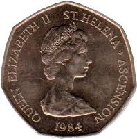 obverse of 50 Pence - Elizabeth II - Larger; 2'nd Portrait (1984) coin with KM# 5 from Saint Helena and Ascension. Inscription: QUEEN ELIZABETH II ST.HELENA · ASCENSION 1984