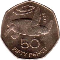 Saint Helena and Ascension coin 50 Pence - Elizabeth II - Larger; 2'nd Portrait (1984) reverse reverse of 50 Pence - Elizabeth II - Larger; 2'nd Portrait (1984) coin with KM# 5 from Saint Helena and Ascension. Inscription: 50 FIFTY PENCE