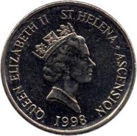 obverse of 5 Pence - Elizabeth II - Smaller; 3'rd Portrait (1998 - 2006) coin with KM# 22 from Saint Helena and Ascension. Inscription: QUEEN ELIZABETH II ST.HELENA + ASCENSION RDM 1998