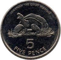 reverse of 5 Pence - Elizabeth II - Smaller; 3'rd Portrait (1998 - 2006) coin with KM# 22 from Saint Helena and Ascension. Inscription: JONATHAN THE GIANT TORTOISE 5 FIVE PENCE