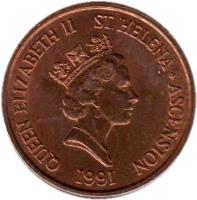 obverse of 2 Pence - Elizabeth II - 3'rd Portrait (1991) coin with KM# 12 from Saint Helena and Ascension. Inscription: QUEEN ELIZABETH II ST.HELENA + ASCENSION RDM 1991