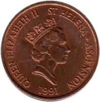 Saint Helena and Ascension coin 2 Pence - Elizabeth II - 3'rd Portrait (1991) obverse obverse of 2 Pence - Elizabeth II - 3'rd Portrait (1991) coin with KM# 12 from Saint Helena and Ascension. Inscription: QUEEN ELIZABETH II ST.HELENA + ASCENSION RDM 1991