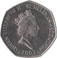 Saint Helena and Ascension coin 50 Pence - Elizabeth II - Smaller; 3'rd Portrait (1991 - 2006) obverse obverse of 50 Pence - Elizabeth II - Smaller; 3'rd Portrait (1991 - 2006) coin with KM# 16 from Saint Helena and Ascension. Inscription: QUEEN ELIZABETH II ST.HELENA + ASCENSION RDM 1991