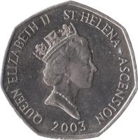 obverse of 50 Pence - Elizabeth II - Smaller; 3'rd Portrait (1991 - 2006) coin with KM# 16 from Saint Helena and Ascension. Inscription: QUEEN ELIZABETH II ST.HELENA + ASCENSION RDM 1991