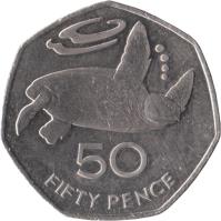 reverse of 50 Pence - Elizabeth II - Smaller; 3'rd Portrait (1991 - 2006) coin with KM# 16 from Saint Helena and Ascension. Inscription: 50 FIFTY PENCE