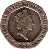 obverse of 20 Pence - Elizabeth II - 3'rd Portrait (1998 - 2003) coin with KM# 21 from Saint Helena and Ascension. Inscription: · ELIZABETH II · RDM ST · HELENA · 1998 · ASCENSION