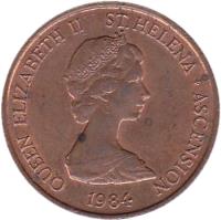 obverse of 2 Pence - Elizabeth II - 2'nd Portrait (1984) coin with KM# 2 from Saint Helena and Ascension. Inscription: QUEEN ELIZABETH II ST. HELENA · ASCENSION 1984
