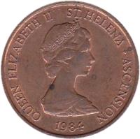 Saint Helena and Ascension coin 2 Pence - Elizabeth II - 2'nd Portrait (1984) obverse obverse of 2 Pence - Elizabeth II - 2'nd Portrait (1984) coin with KM# 2 from Saint Helena and Ascension. Inscription: QUEEN ELIZABETH II ST. HELENA · ASCENSION 1984