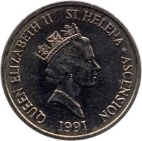 obverse of 5 Pence - Elizabeth II - 3'rd Portrait (1991) coin with KM# 14 from Saint Helena and Ascension. Inscription: QUEEN ELIZABETH II ST.HELENA + ASCENSION RDM 1991