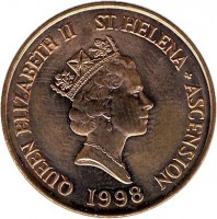 obverse of 2 Pence - Elizabeth II - 3'rd Portrait (1998 - 2006) coin with KM# 12a from Saint Helena and Ascension. Inscription: QUEEN ELIZABETH II ST. HELENA + ASCENSION RDM 1998