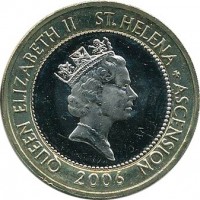 Saint Helena and Ascension coin 2 Pounds - Elizabeth II - 3'rd Portrait (2003 - 2006) obverse obverse of 2 Pounds - Elizabeth II - 3'rd Portrait (2003 - 2006) coin with KM# 25 from Saint Helena and Ascension. Inscription: QUEEN ELIZABETH II St.HELENA + ASCENSION RDM 2006