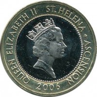 obverse of 2 Pounds - Elizabeth II - 3'rd Portrait (2003 - 2006) coin with KM# 25 from Saint Helena and Ascension. Inscription: QUEEN ELIZABETH II St.HELENA + ASCENSION RDM 2006