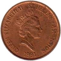 obverse of 1 Penny - Elizabeth II - 3'rd Portrait (1991) coin with KM# 13 from Saint Helena and Ascension. Inscription: QUEEN ELIZABETH II ST. HELENA + ASCENSION RDM 1991