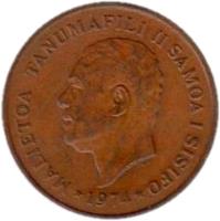 obverse of 2 Sene - Malietoa Tanumafili II (1974 - 1996) coin with KM# 13 from Samoa. Inscription: MALIETOA TANUMAFILI II SAMOA I SISIFO *1996*