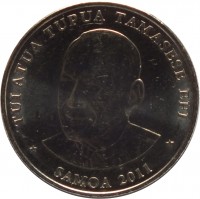 obverse of 20 Sene - Tuiatua Tupua Tamasese Efi (2011) coin with KM# 169 from Samoa. Inscription: TUI ATUA TUPUATAMASESE EFI SAMOA 2011