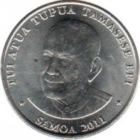 obverse of 50 Sene - Tuiatua Tupua Tamasese Efi (2011) coin with KM# 170 from Samoa. Inscription: TUI ATUA TUPUA TAMASESE EFI SAMOA 2011