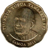 Samoa coin 2 Tālā - Tuiatua Tupua Tamasese Efi (2011) obverse obverse of 2 Tālā - Tuiatua Tupua Tamasese Efi (2011) coin with KM# 178 from Samoa. Inscription: TUI ATUA TUPUA TAMASESE EFI SAMOA 2011