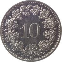 reverse of 10 Rappen (1879 - 2015) coin with KM# 27 from Switzerland. Inscription: 10 B