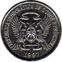 obverse of 100 Dobras - FAO (1997) coin with KM# 87 from São Tomé and Príncipe. Inscription: REPÚBLICA DEMOCRÁTICA DE S. TOMÉ E PRÍNCIPE 1997